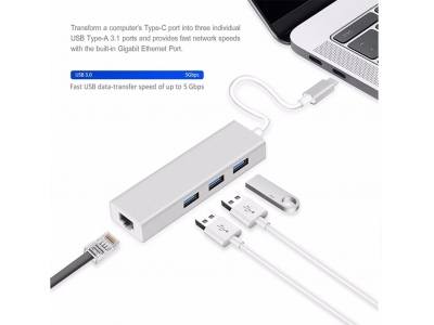 USB 3.1 Type C USB-C 3 Ports Hub with Gigabit Ethernet Network LAN Adapter Multiple for laptop