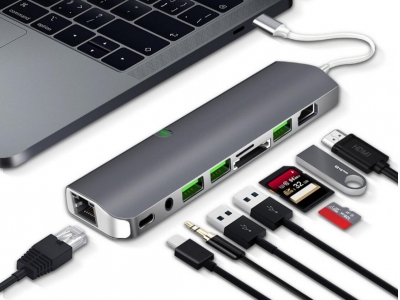 USB C Hub 9 in 1 Card Reader Charging Station USB-C Hub 9-in-1 Type C Adapter with USB 3.0 HDMI SD TF 3.5AUX RJ45 PD converter